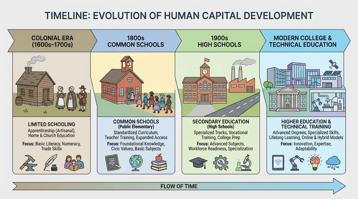 Simple timeline showing colonial limited schooling, 1800s common schools, 1900s high schools, and modern college and technical education