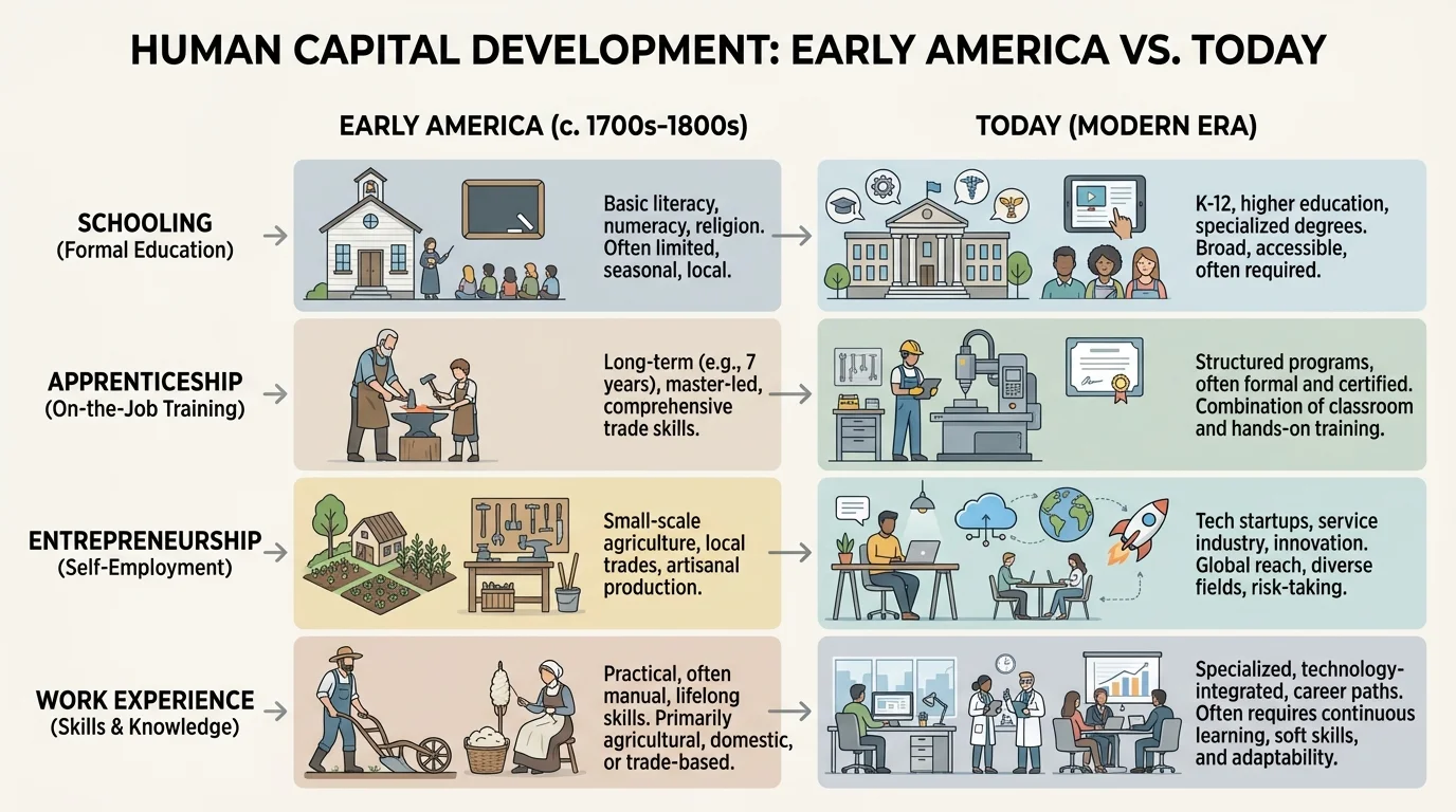Comparison chart with columns for early America and today, rows for schooling, apprenticeship, entrepreneurship, and work experience