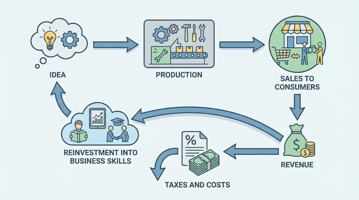 Flowchart showing idea, production, sales to consumers, revenue, taxes and costs, reinvestment into business skills