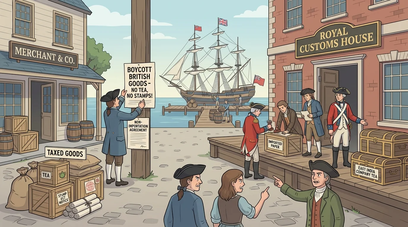Colonial port street scene with taxed goods like tea and paper, merchants posting boycott notices, and customs officials inspecting imports