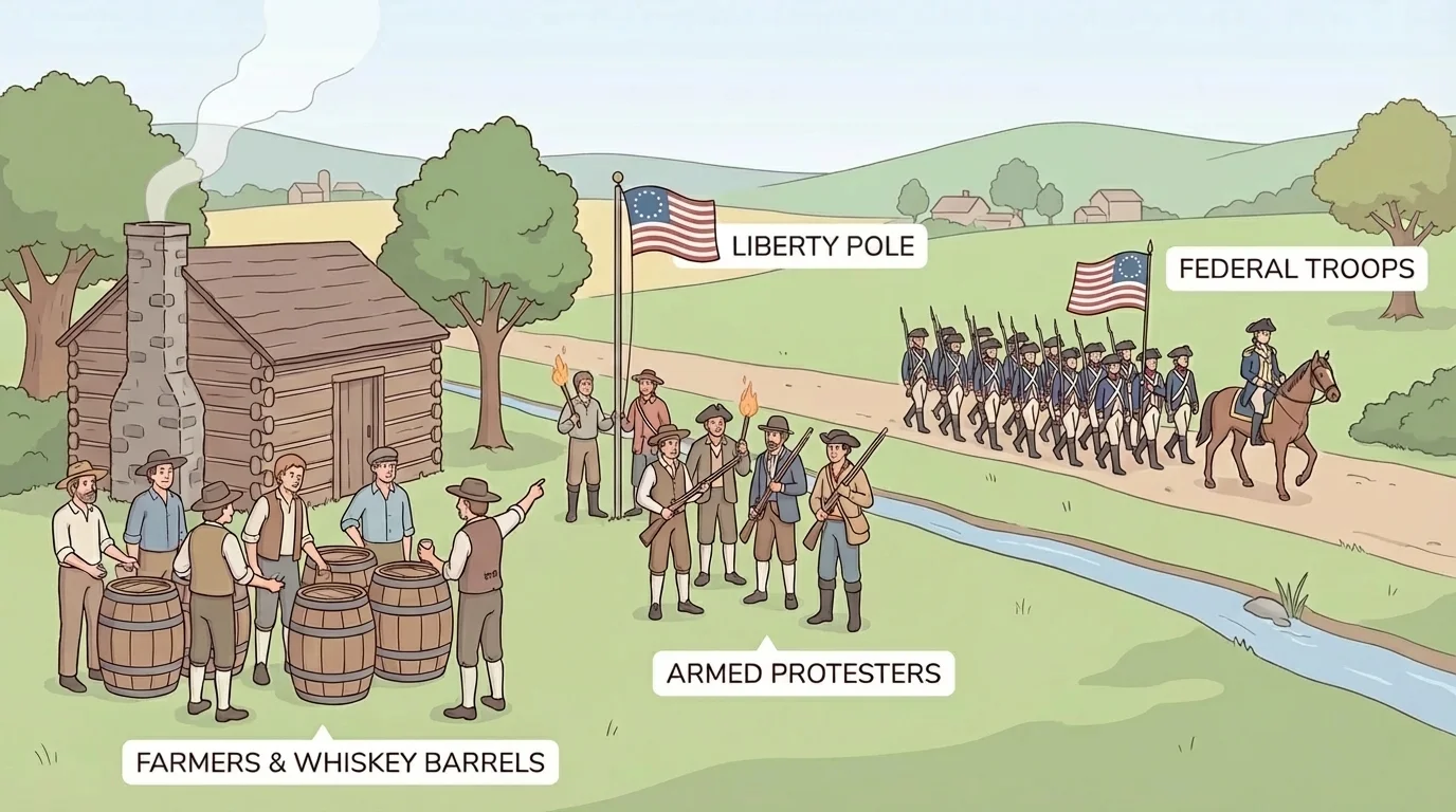 Rural western Pennsylvania scene showing farmers, whiskey barrels, armed protesters, and federal troops during the Whiskey Rebellion