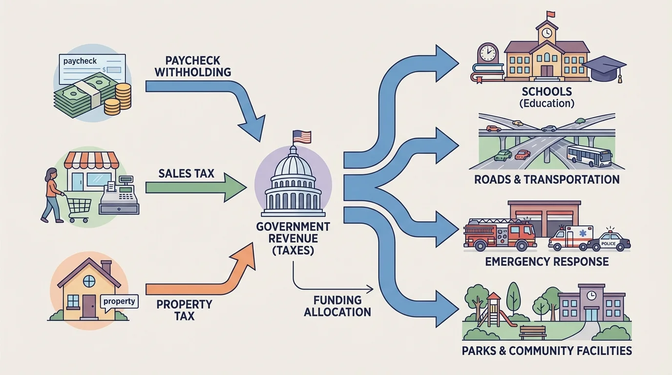 Flowchart showing paycheck withholding, sales tax at stores, property tax payments, and public services such as schools, roads, emergency response, and parks