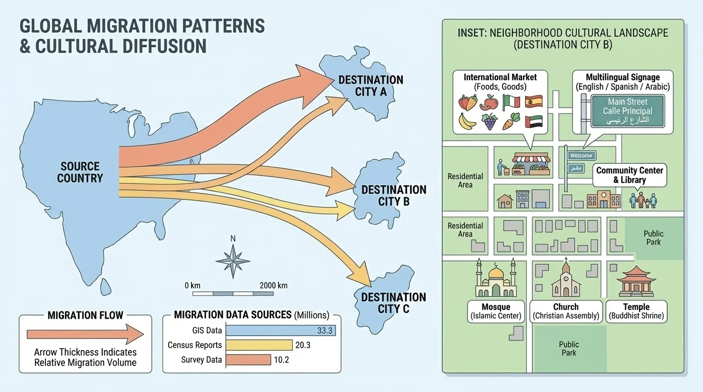 migration map from one source country to several destination cities with an inset neighborhood showing markets, multilingual signs, and places of worship