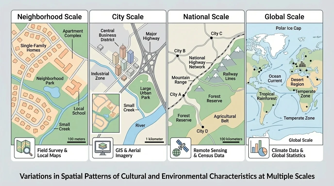 map series of the same place shown at neighborhood, city, national, and global scales to illustrate how spatial patterns change with scale