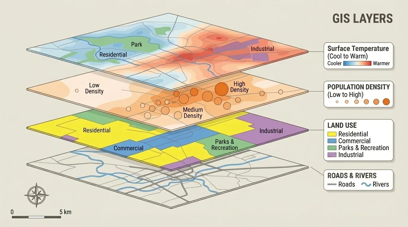 GIS layers over a metropolitan area showing roads, rivers, land use, population density, and surface temperature