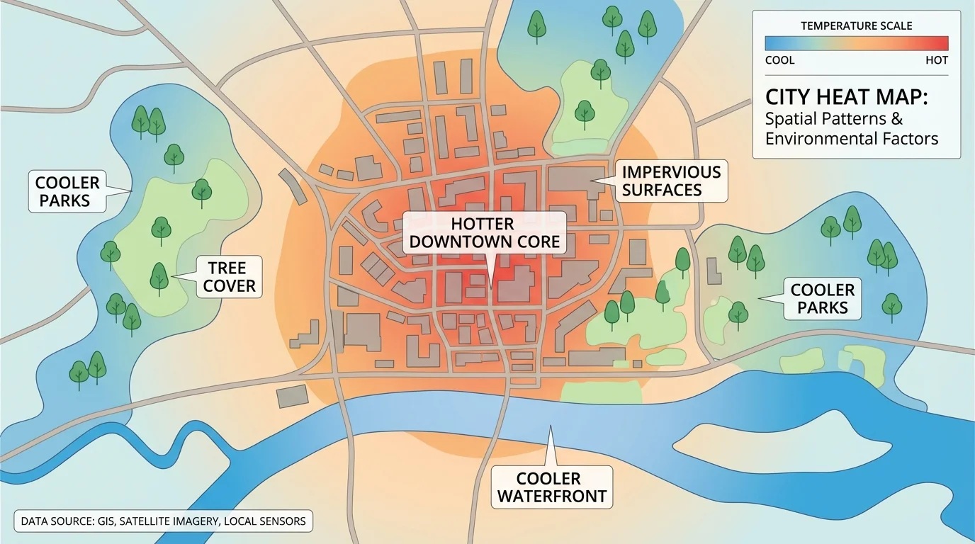 city heat map with hotter downtown core, cooler parks and waterfront, and labels for tree cover and impervious surfaces
