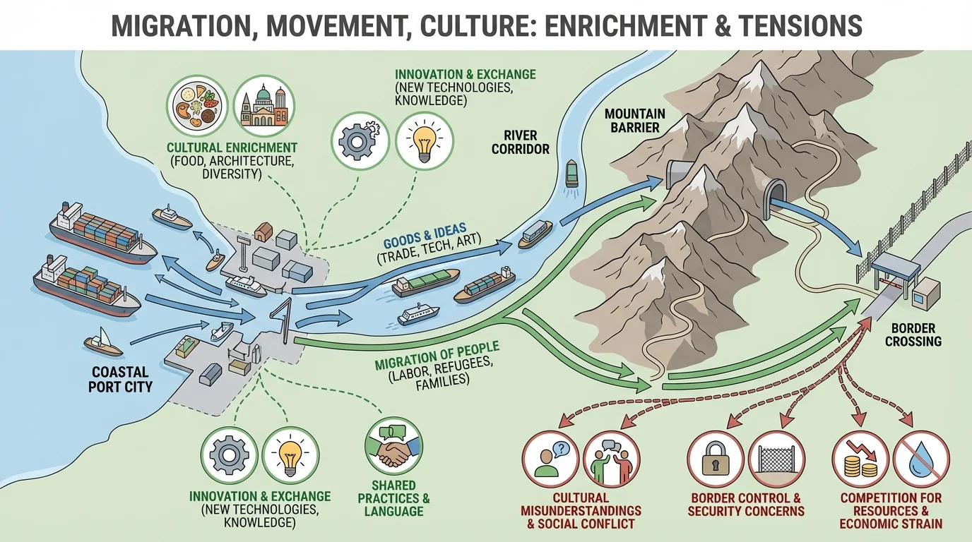 Regional map showing a coastal port city, river corridor, mountain barrier, and border crossing with labeled movement paths