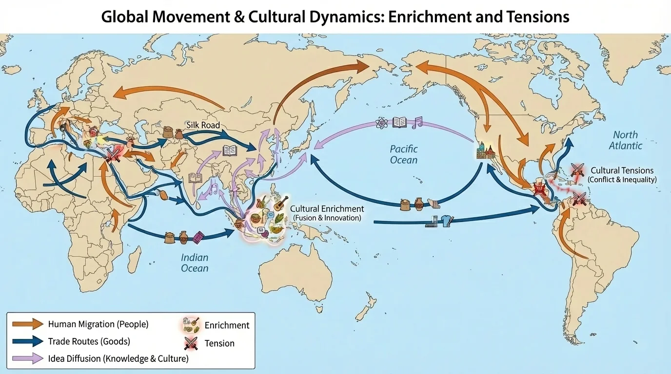 World map with arrows showing migration routes, trade routes, and idea diffusion between Asia, Africa, Europe, and the Americas