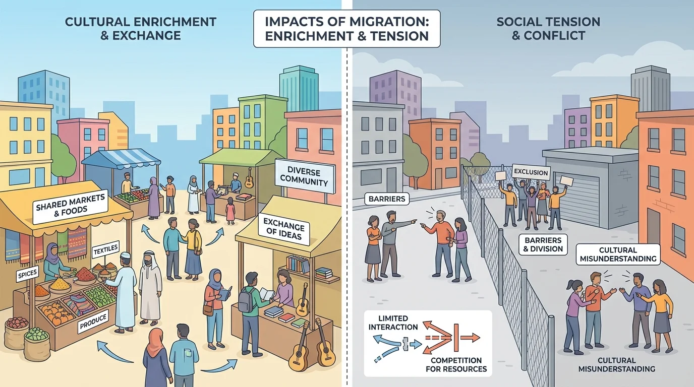 Split illustration of a diverse urban neighborhood with shared markets on one side and protest or exclusion on the other