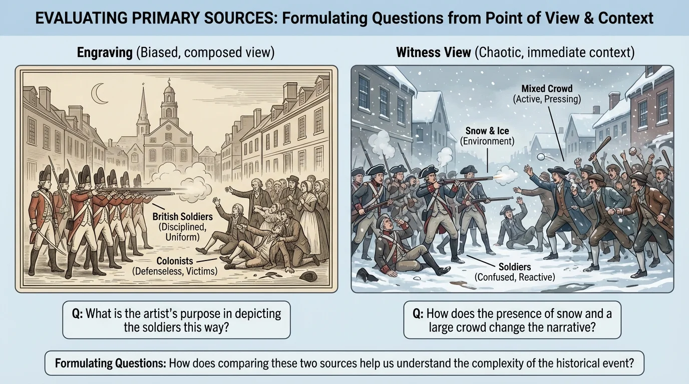 side-by-side comparison of Paul Revere-style engraving of British soldiers firing on colonists and a witness-view chaotic street confrontation with snow, crowd pressure, and confusion
