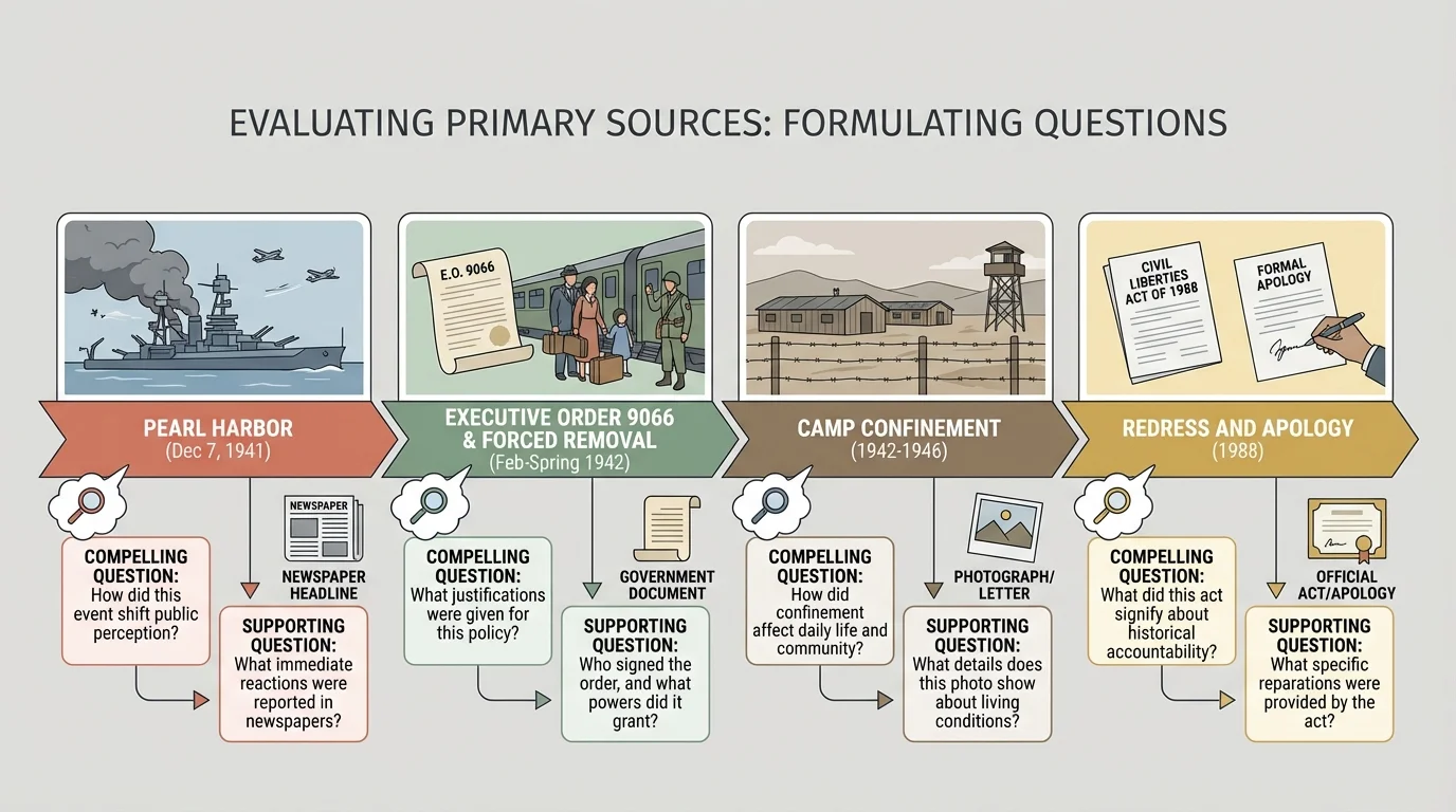 timeline with Pearl Harbor, Executive Order 9066, forced removal, camp confinement, and later redress and apology