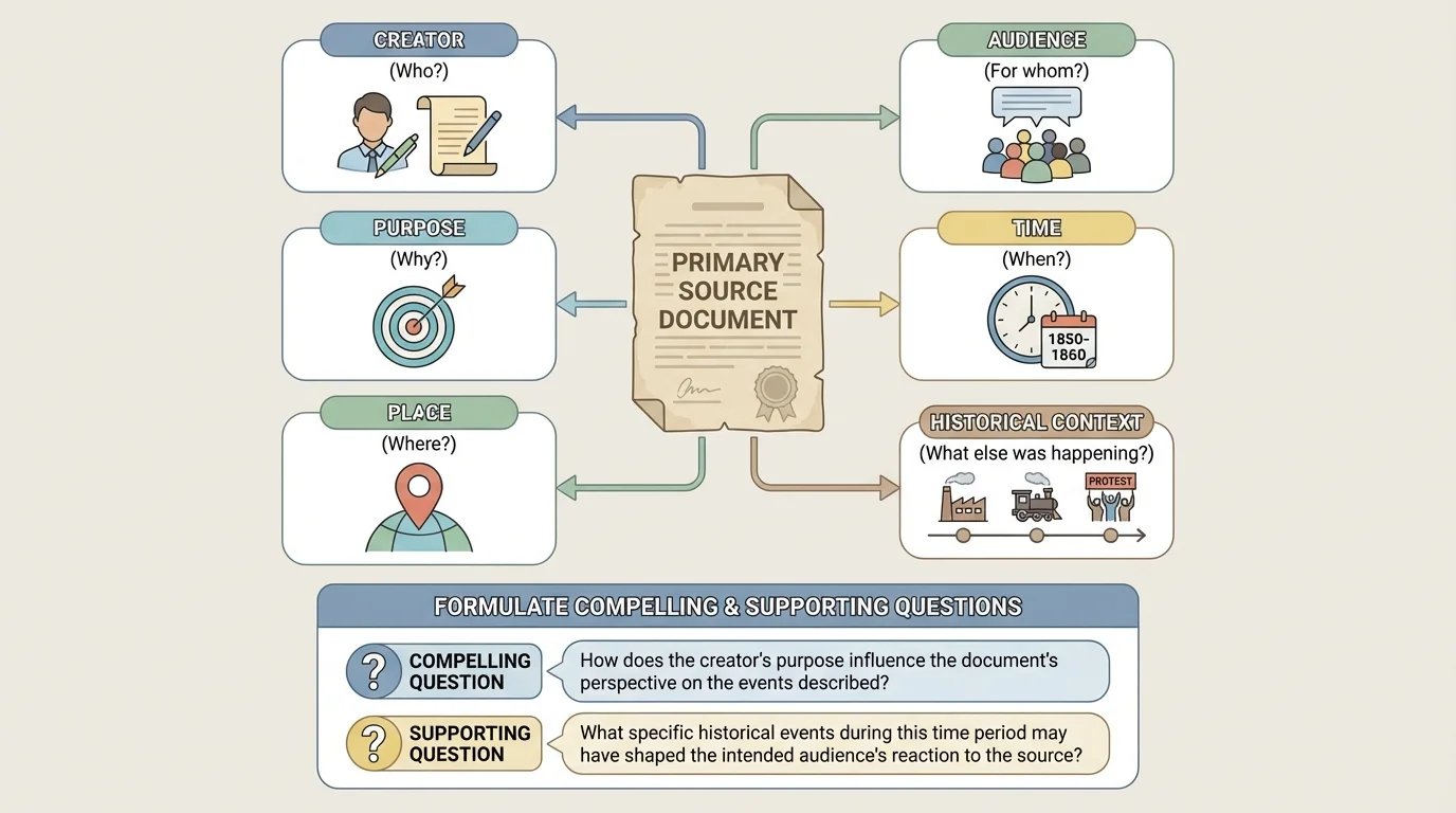 source evaluation chart with a document in the center and branches labeled creator, audience, purpose, time, place, and historical context