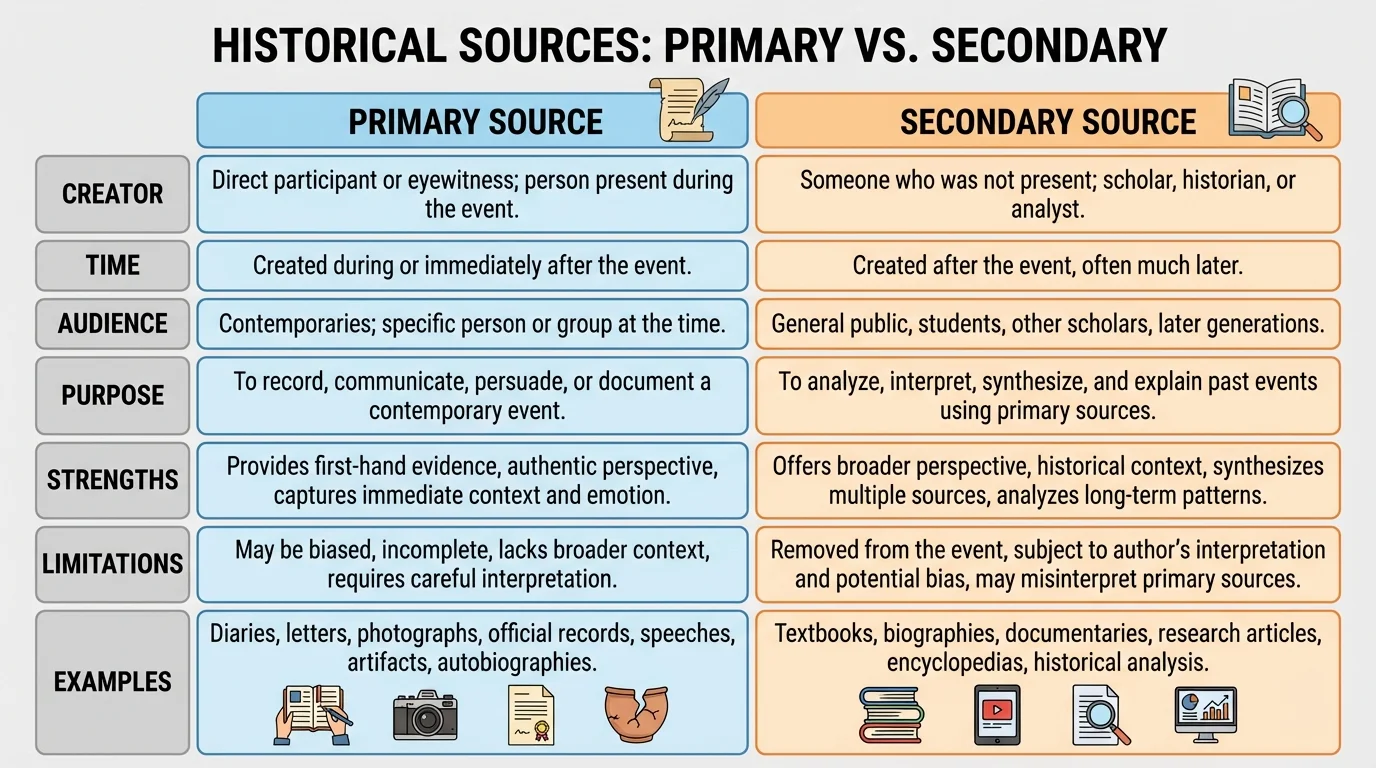 comparison chart of primary and secondary historical sources with concise columns for creator, time, audience, purpose, strengths, and limitations