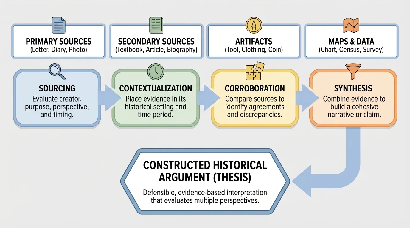 multiple historical sources feeding into steps labeled sourcing, contextualization, corroboration, and synthesis, ending in one thesis box