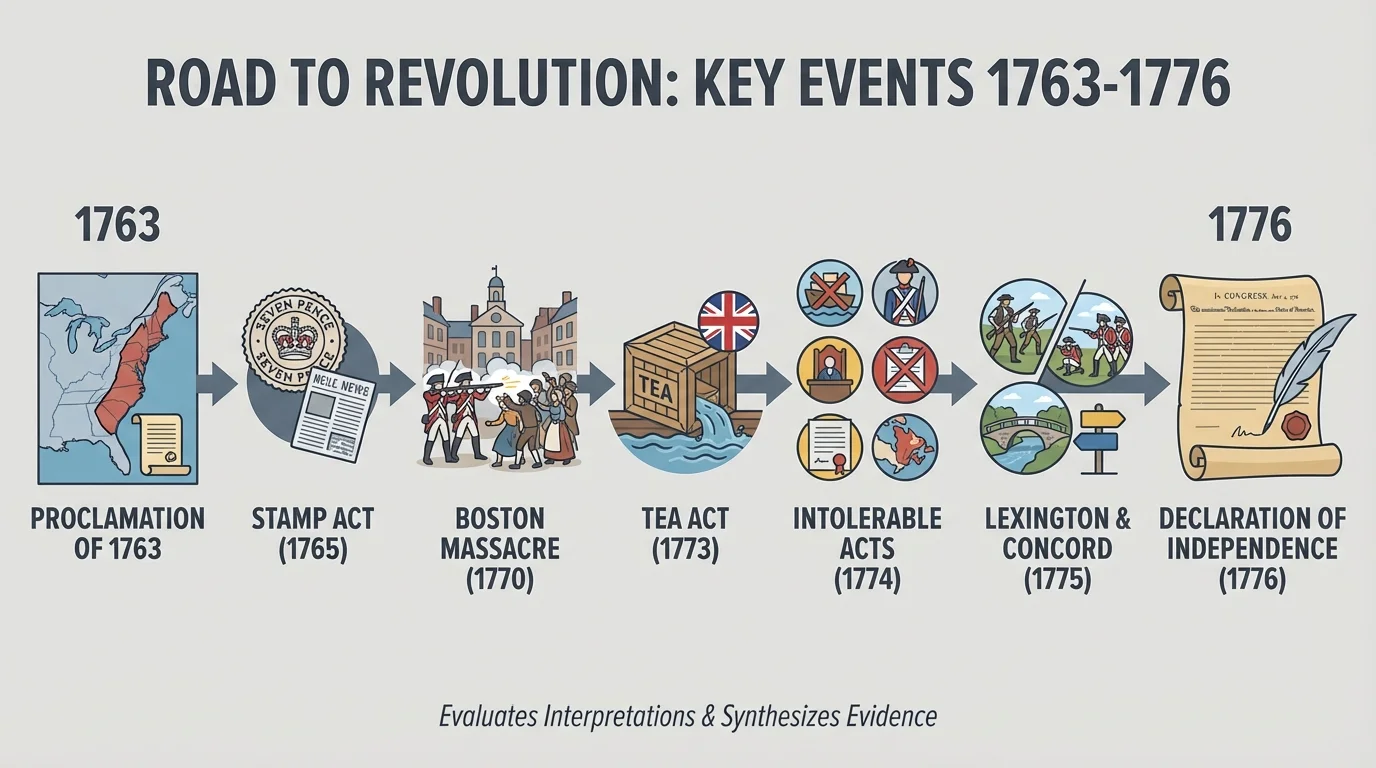 key events from 1763 to 1776 including Proclamation of 1763, Stamp Act, Boston Massacre, Tea Act, Intolerable Acts, Lexington and Concord, and Declaration of Independence