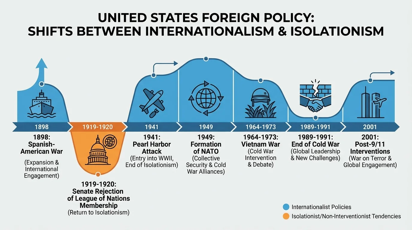 timeline showing Spanish-American War, Senate rejection of League of Nations membership, Pearl Harbor, formation of NATO, Vietnam War, end of Cold War, and post-9/11 interventions to show shifts between isolationism and internationalism