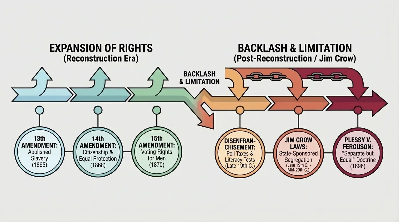 timeline showing 13th, 14th, and 15th Amendments followed by Black Codes, Jim Crow laws, and Plessy v. Ferguson, emphasizing expansion of rights followed by backlash