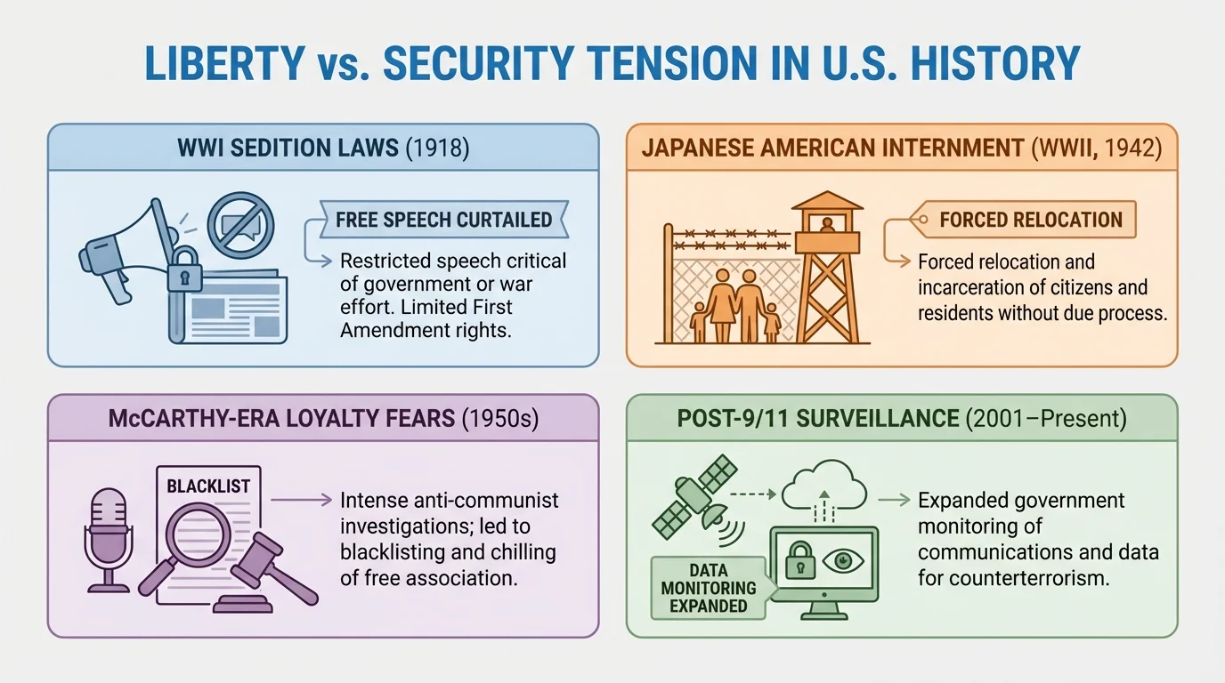 comparison chart showing World War I sedition laws, Japanese American internment in World War II, McCarthy-era loyalty fears, and post-9/11 surveillance as examples of liberty-security tension