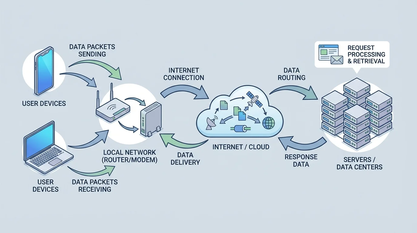 flowchart with smartphone and laptop sending data through routers to servers and back, labeled internet communication process