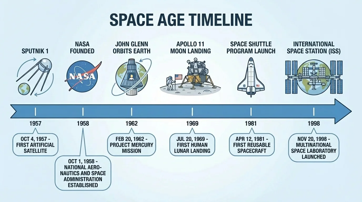 timeline with Sputnik, NASA founded, John Glenn orbit, Apollo 11 moon landing, Space Shuttle, and International Space Station