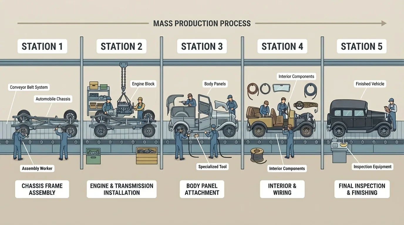 factory assembly line with automobile chassis moving past workers, each worker performing one specialized manufacturing step