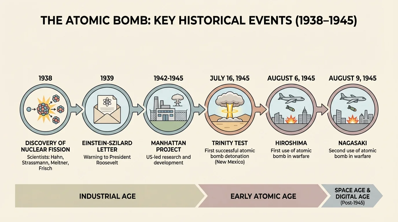 timeline with discovery of nuclear fission, Einstein-Szilard letter, Manhattan Project, Trinity test, Hiroshima, and Nagasaki