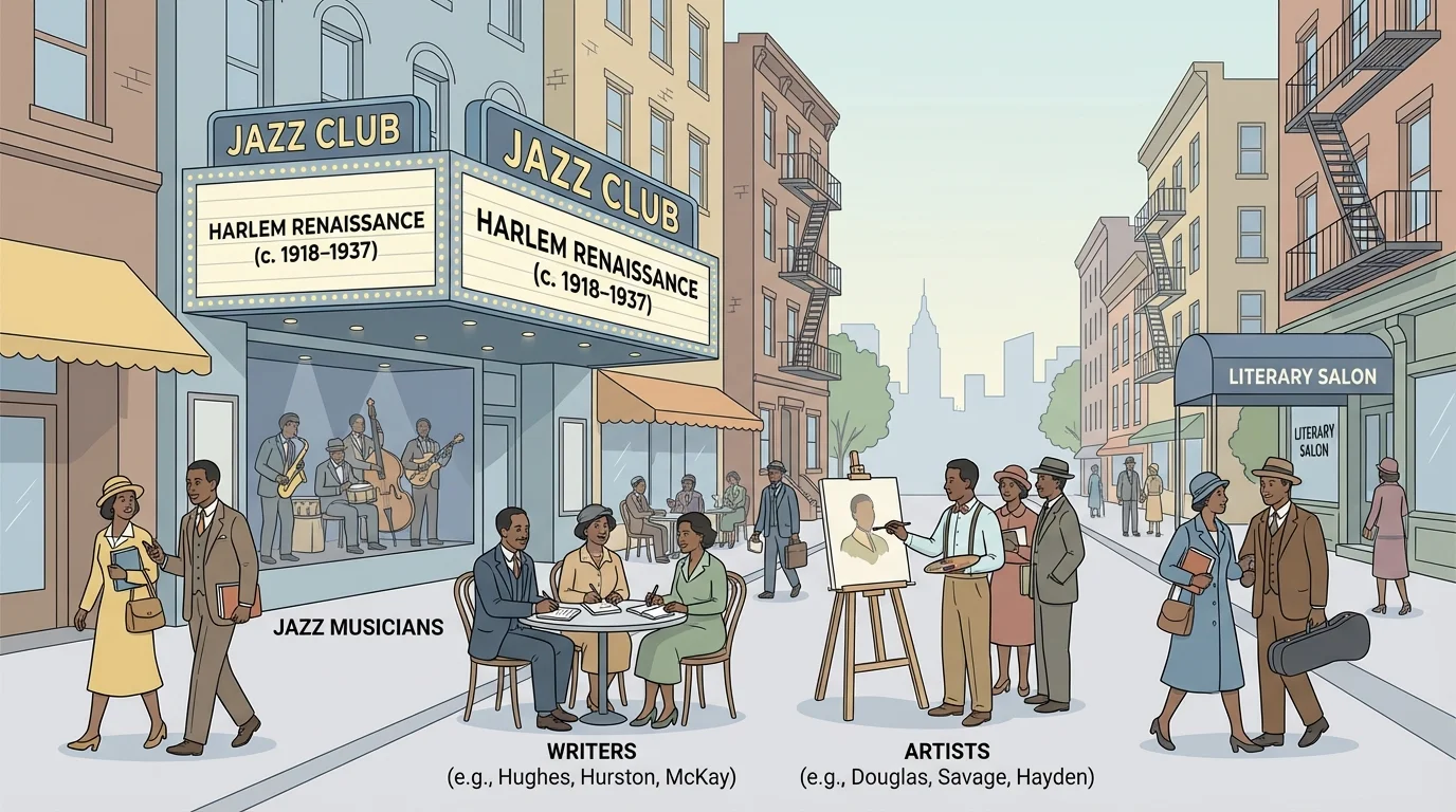 Illustration of a Harlem street with jazz club, writers, and artists representing the Harlem Renaissance
