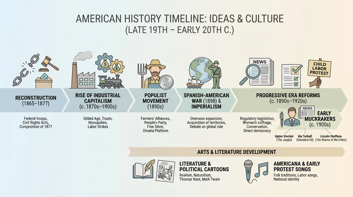 Timeline showing Reconstruction, rise of industrial capitalism, Populist movement, Progressive Era reforms, Spanish-American War, and early muckrakers