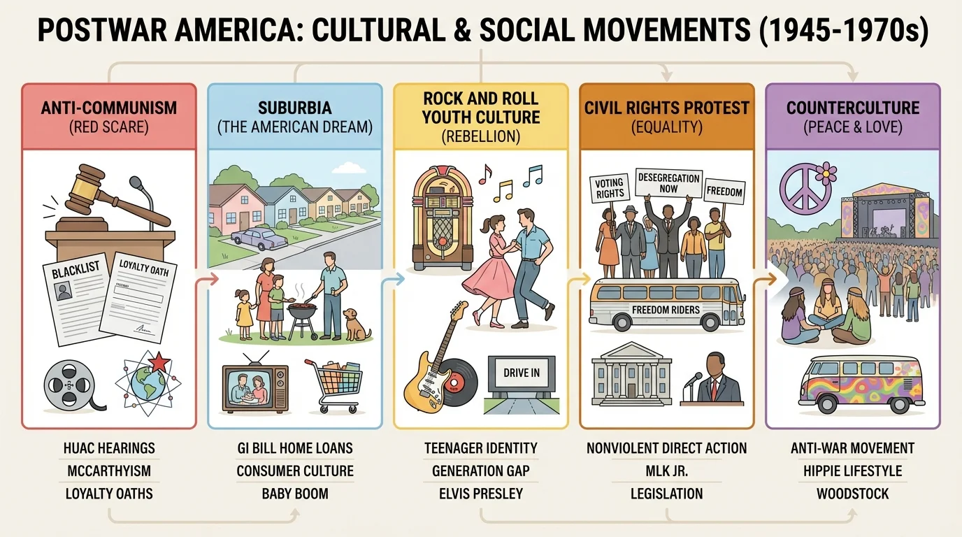 Chart comparing anti-communism, suburbia, rock and roll youth culture, civil rights protest, and counterculture in postwar America