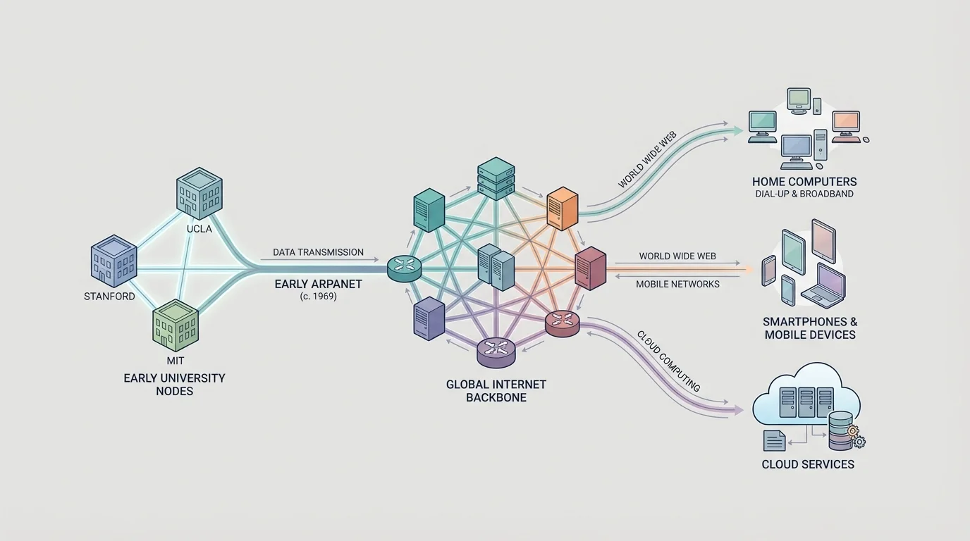 Network diagram showing early university nodes expanding into a global Internet linking servers, home computers, smartphones, and cloud services