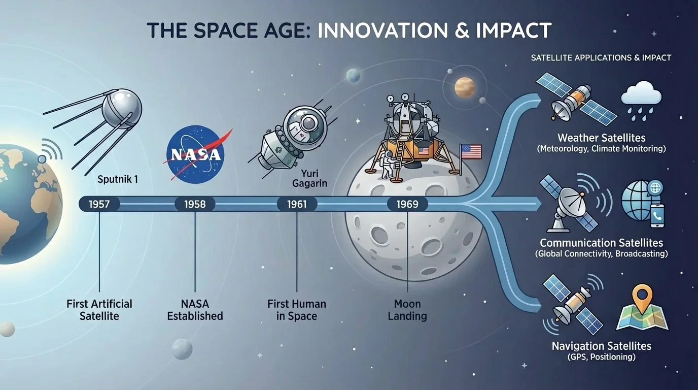 Timeline with Sputnik 1957, NASA 1958, Yuri Gagarin 1961, Apollo 11 1969, and icons for weather, communication, and navigation satellites