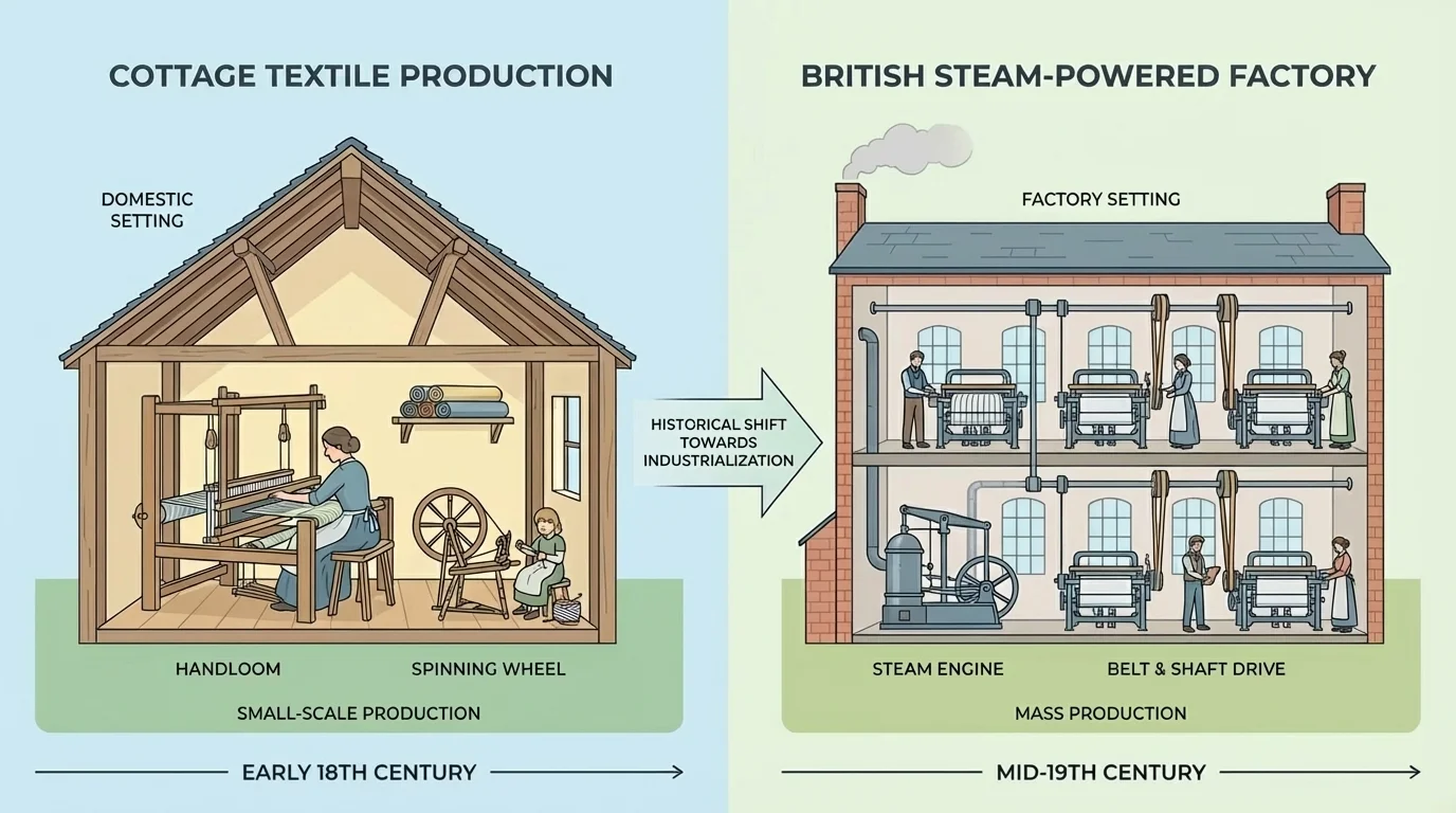 Side-by-side comparison of cottage textile production in a home and a British steam-powered textile factory with rows of machines and workers