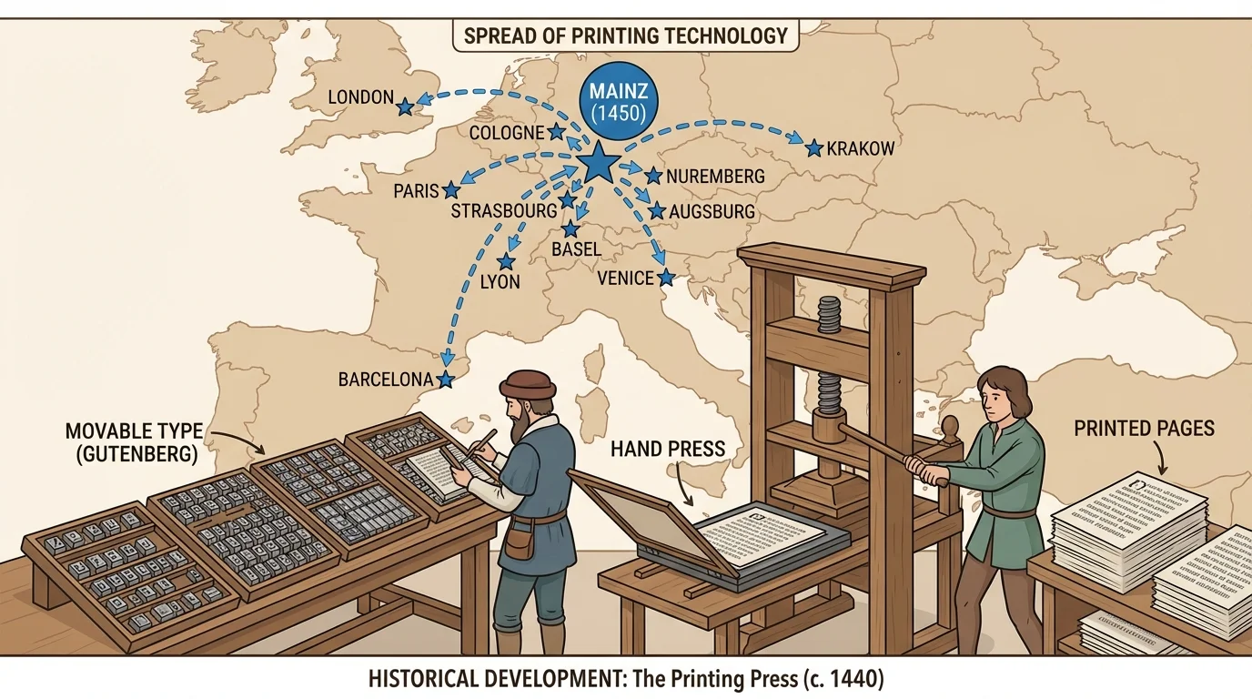 Printing workshop with movable type, hand press, stacked printed pages, and arrows showing books spreading from Mainz to other European cities