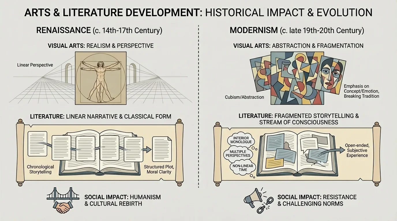 comparison chart contrasting Renaissance realism and linear narrative with modernist abstraction and fragmented storytelling