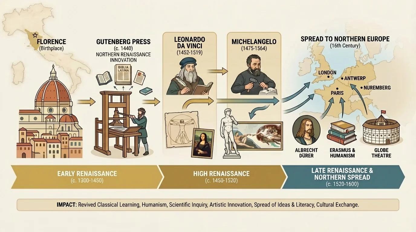 Renaissance timeline with Florence, Leonardo, Michelangelo, Gutenberg press, and spread to Northern Europe