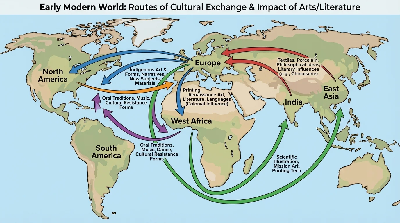 early modern world map showing routes of exchange connecting Europe, West Africa, the Americas, India, and East Asia