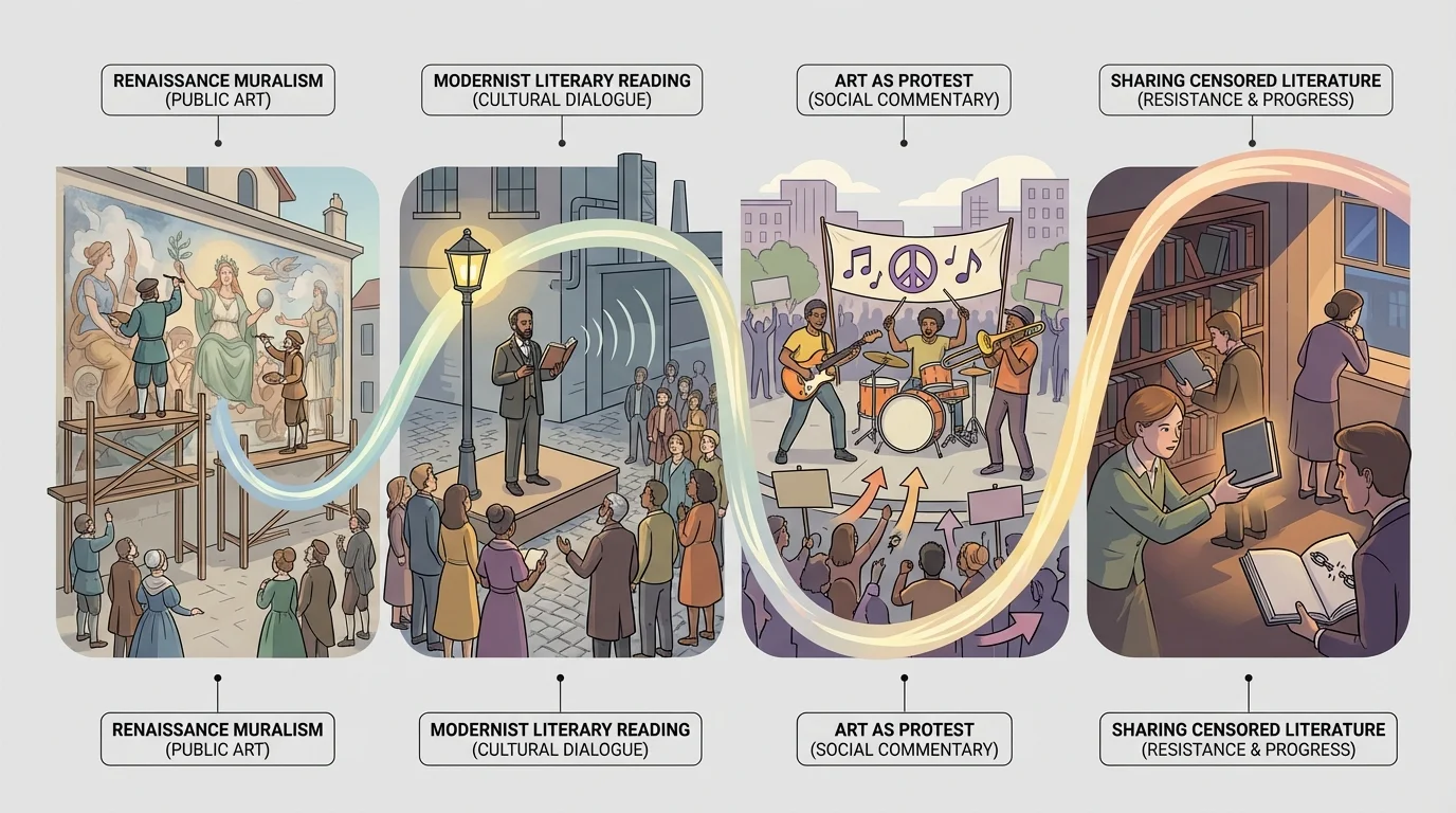 scene showing muralists, a poet reading to a crowd, musicians in protest, and readers sharing censored books