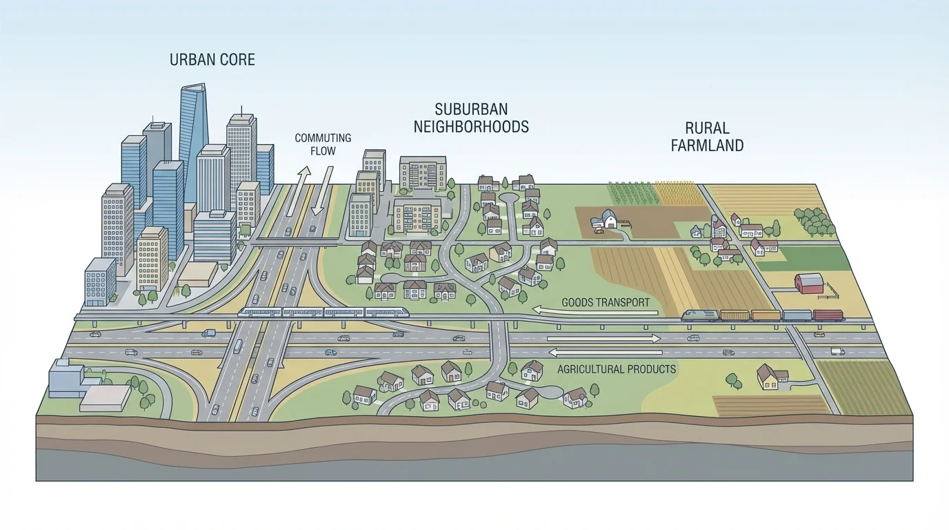 Cross-sectional landscape showing dense urban core with high-rise buildings, suburban neighborhoods, rural farmland, and connecting roads and rail line