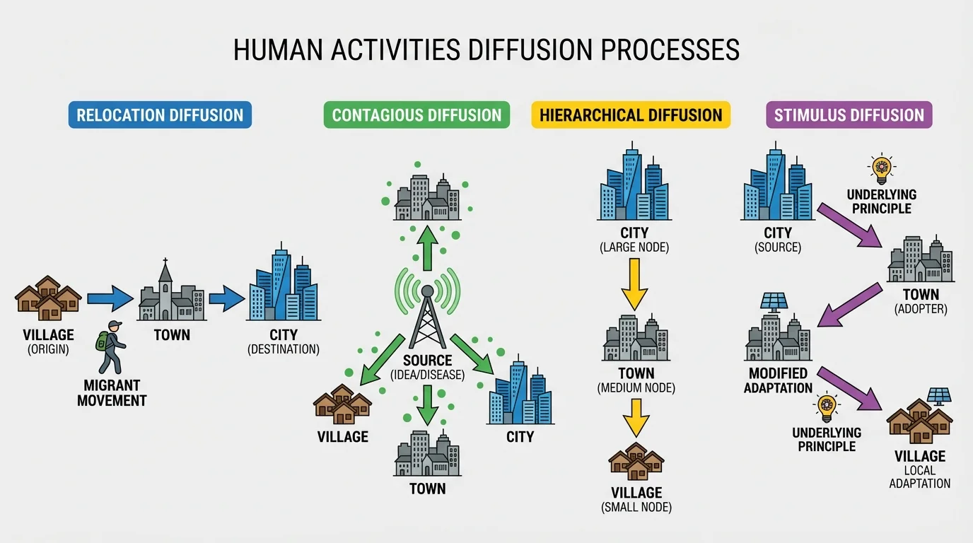 Flowchart comparing relocation diffusion, contagious diffusion, hierarchical diffusion, and stimulus diffusion using arrows among village, town, city, and migrant movement