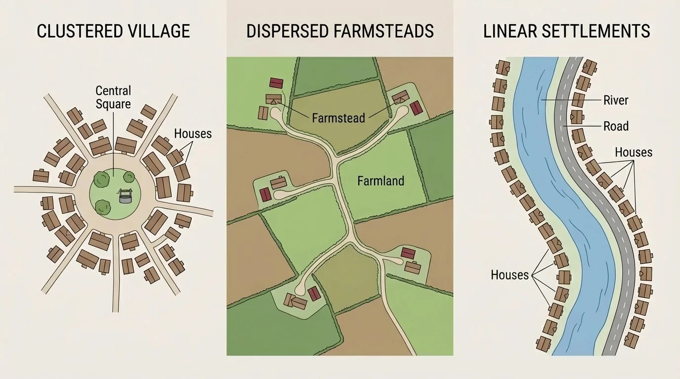 Simple comparative map showing clustered village around a central square, dispersed farmsteads across farmland, and linear settlements along a river and road with concise labels