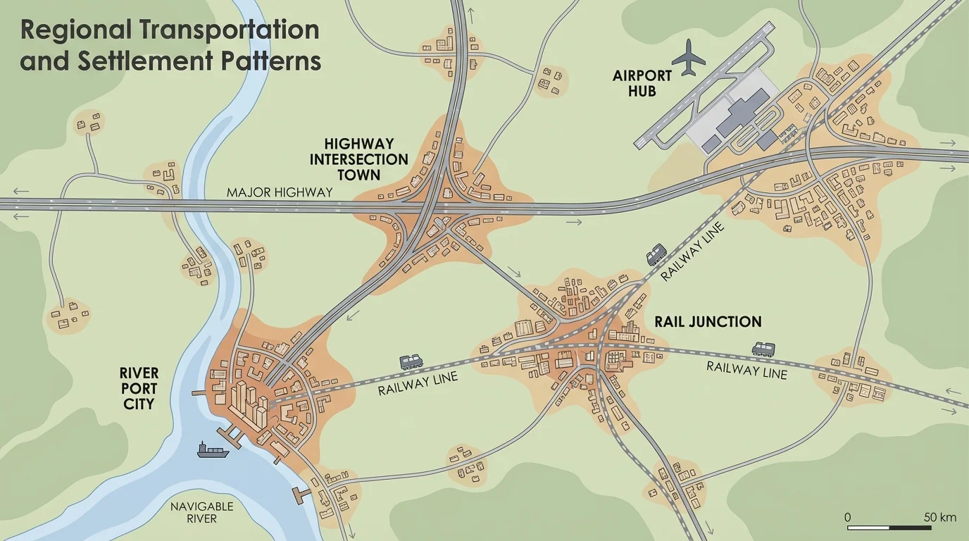 Regional transportation map with a river port city, highway intersection town, rail junction, airport hub, and settlements enlarging at nodes and along corridors