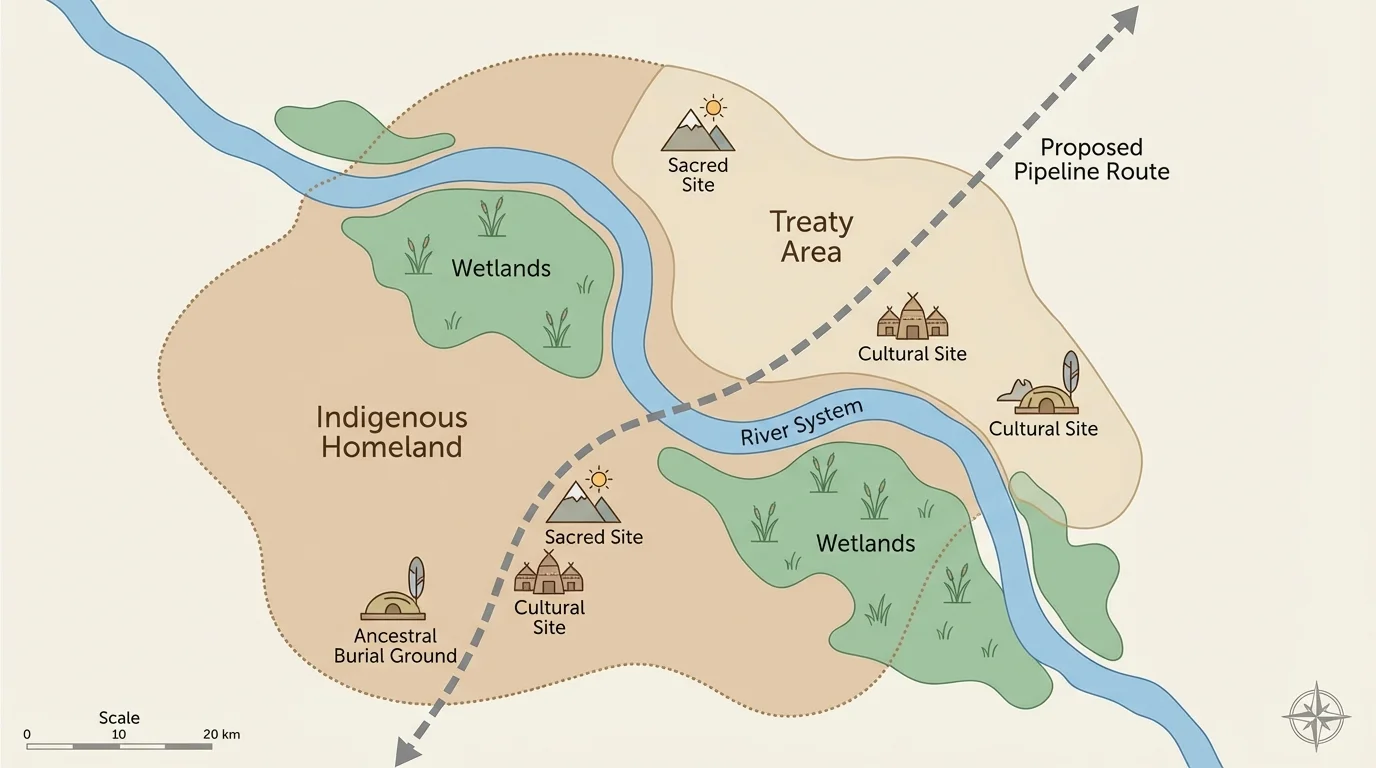 map showing Indigenous homeland, treaty area, pipeline route, river, wetlands, and nearby sacred or cultural sites