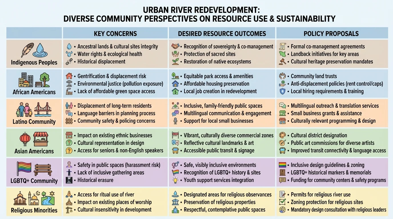chart comparing community groups, key concerns, desired resource outcomes, and policy proposals for an urban river redevelopment project