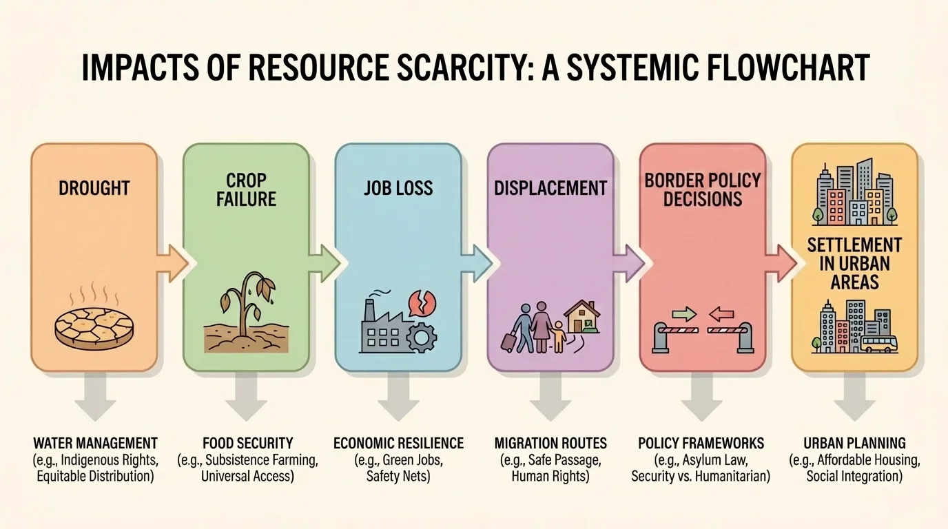 flowchart showing drought, crop failure, job loss, displacement, border policy decisions, and settlement in urban areas