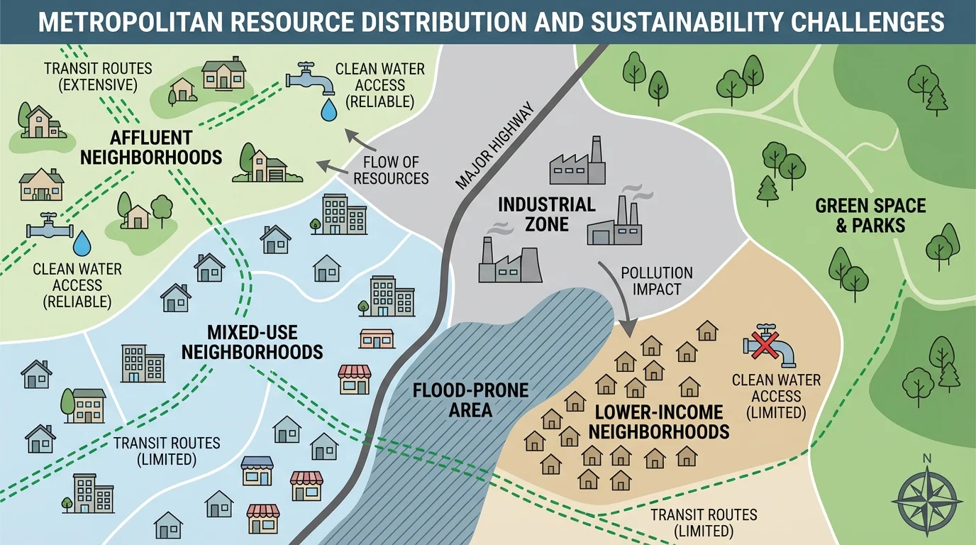 metropolitan map showing neighborhoods, industrial zones, highways, green space, flood-prone areas, and unequal access to clean water and transit