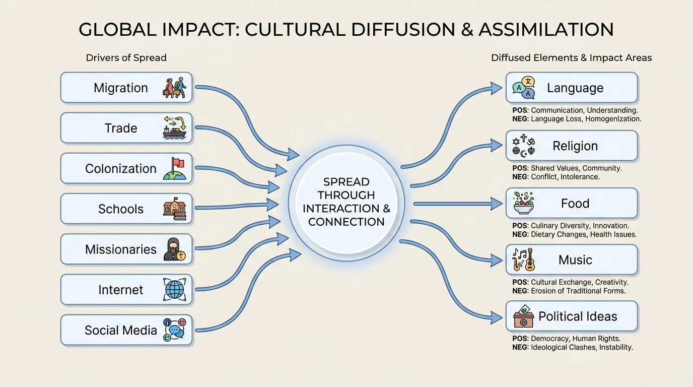 flowchart linking migration, trade, colonization, schools, missionaries, internet, and social media to the spread of language, religion, food, music, and political ideas