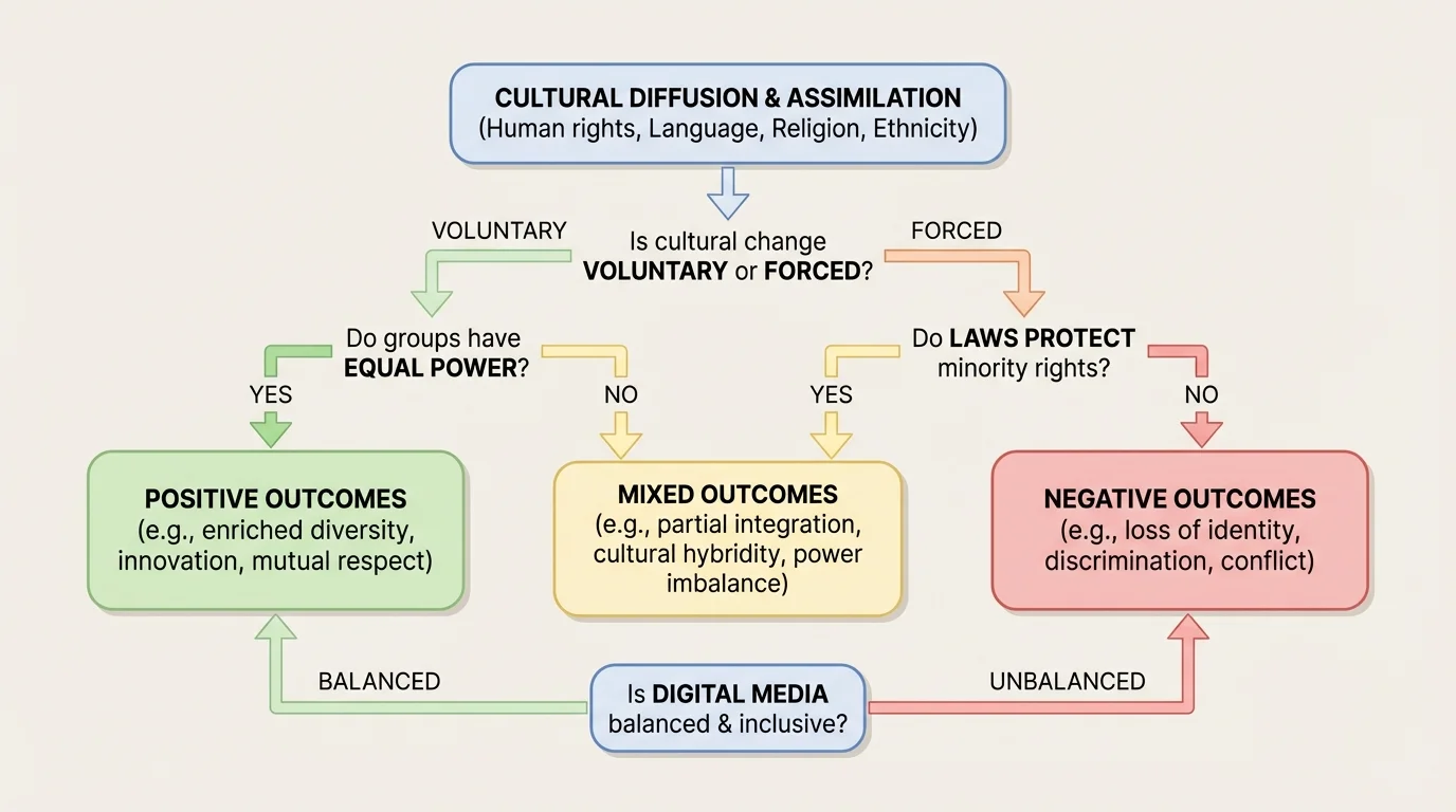 decision tree asking whether cultural change is voluntary or forced, whether groups have equal power, whether laws protect minority rights, and whether digital media is balanced, leading to positive, mixed, or negative outcomes