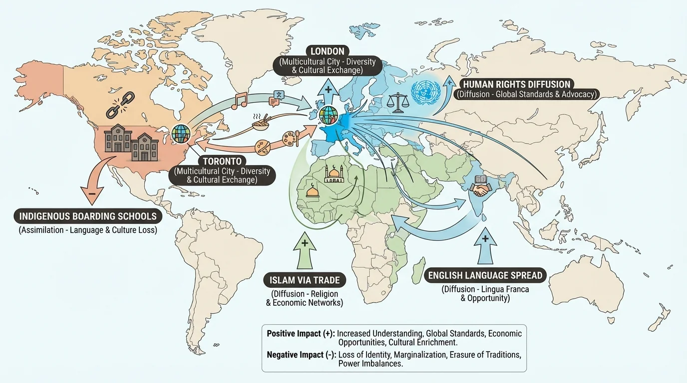 world map highlighting North America for Indigenous boarding schools, South Asia and former British colonies for English spread, North and West Africa for Islam via trade, Europe/United Nations for human rights diffusion, and major multicultural global cities like Toronto and London