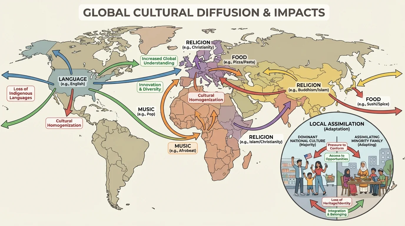 world map with arrows showing spread of language, religion, food, and music between regions, plus an inset of a city neighborhood showing a minority family adapting to a dominant national culture