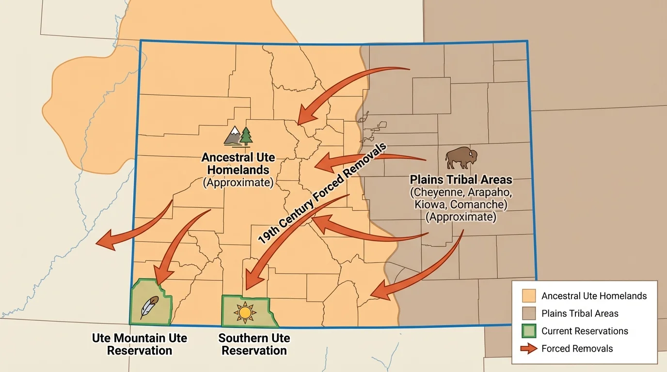 map of Colorado showing ancestral Ute homelands, Plains tribal areas, current state border, reservation areas, and arrows indicating nineteenth-century forced removals